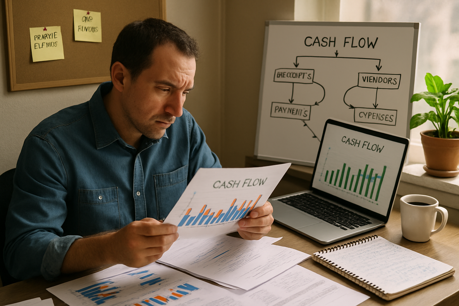 Small business owner analyzing cash flow to understand income, expenses, and financial stability.