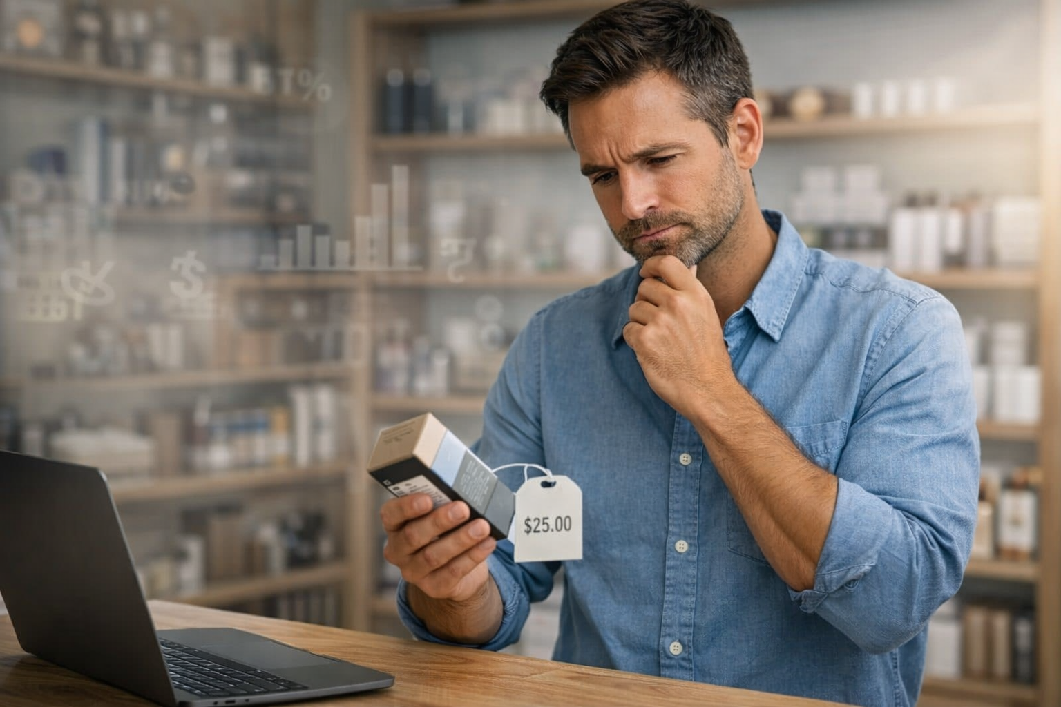 Small business owner reviewing product pricing and service rates to determine if they are charging enough.