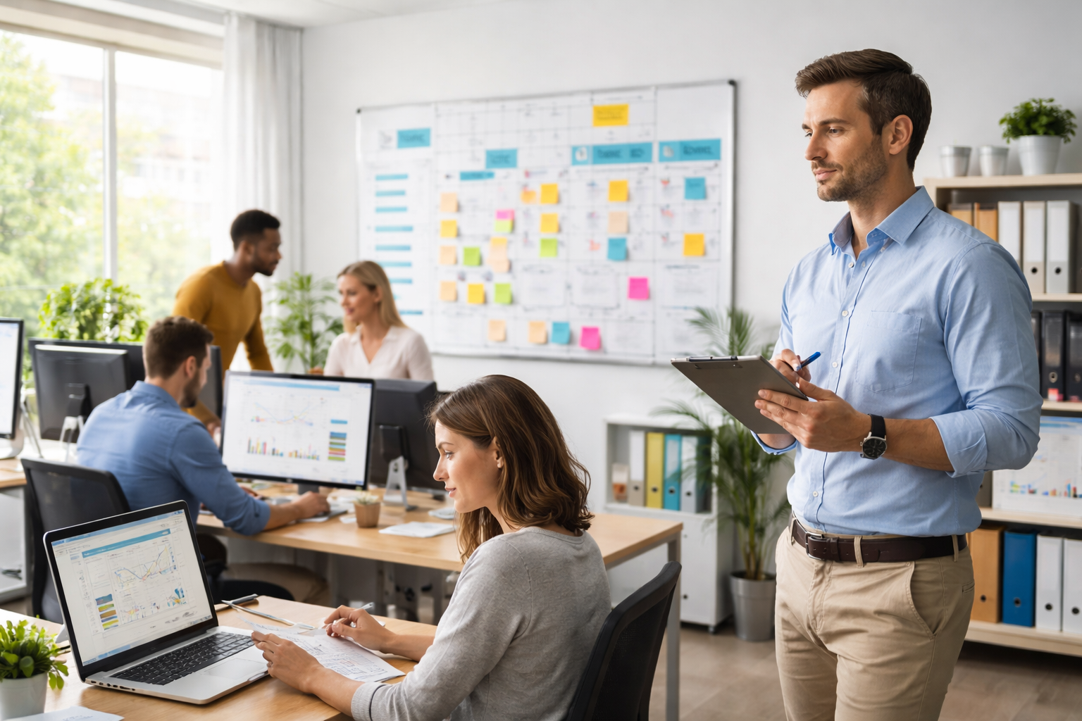 Small business owner observes employees working efficiently in a modern, organized office with workflow charts.