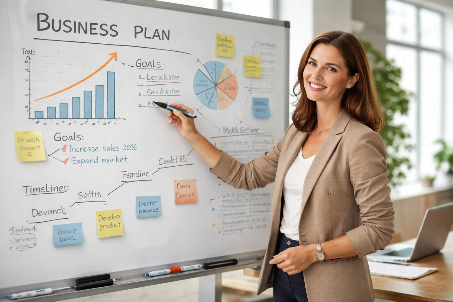 Small business owner creating a business plan on a whiteboard with revenue projections, timelines, and growth goals.